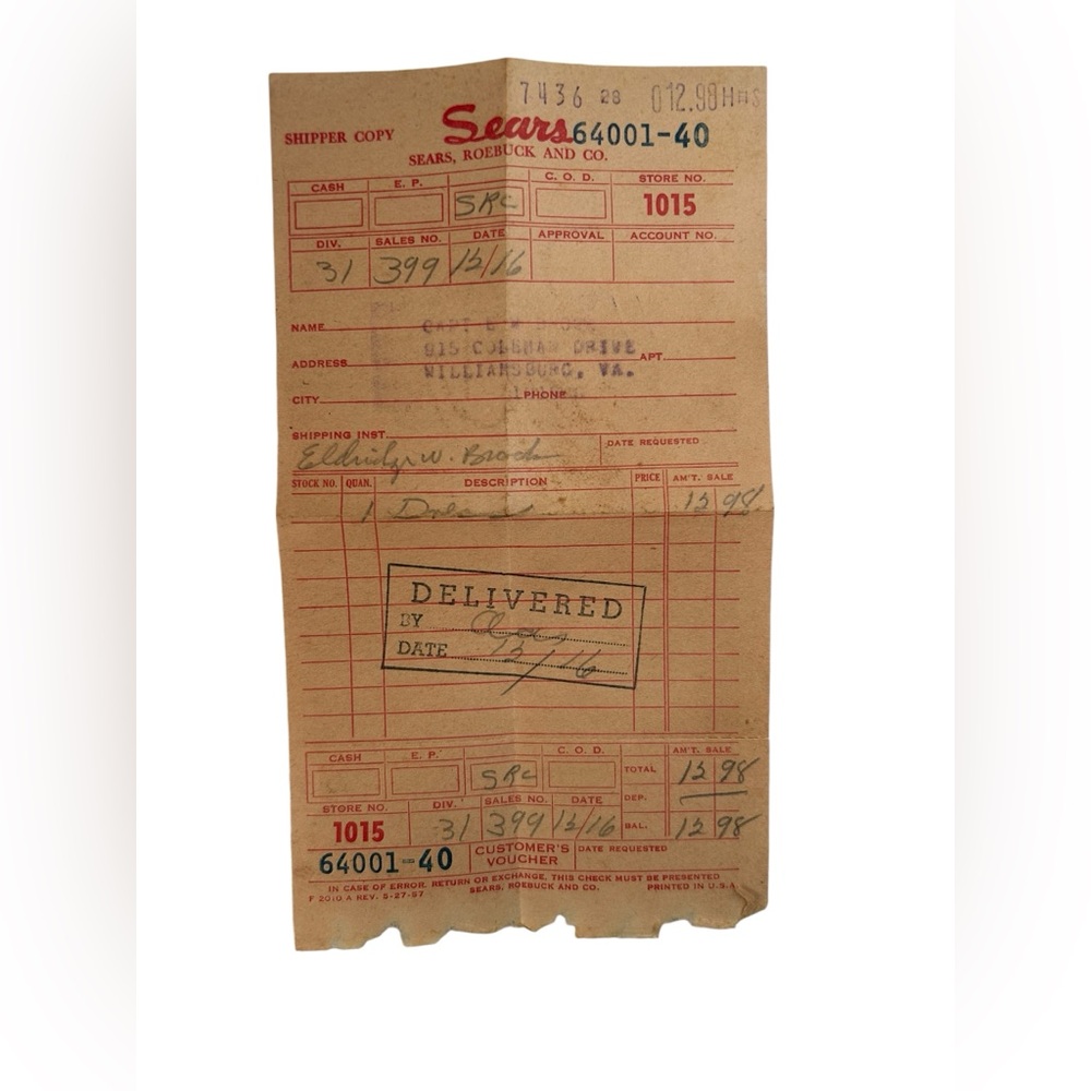 Vintage Sears RoeBuck Sales Ticket MCM 1960’s 1970’s Williamsburg,VA